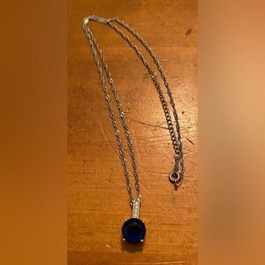 Silver Tone Round Blue Stone Pendant Necklace 18K GF RGP Chain 20”